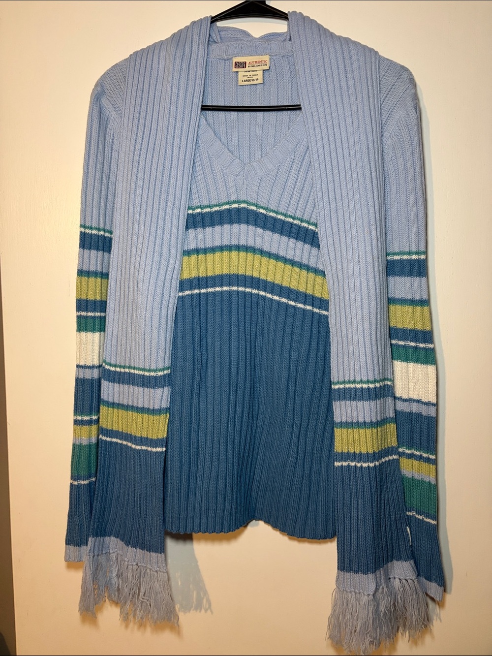 Faded Glory Light Blue Ribbed V-Neck Sweater with Blue and Green Stripes